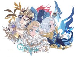 Rule 34 | 3boys, abs, ahoge, antlers, black nails, black shirt, blonde hair, blue butterfly, blue eyes, blue eyeshadow, blue gemstone, blue vest, bracer, brown hair, bug, butterfly, butterfly on hand, cape, circlet, colored tears, commentary, cropped torso, cross-shaped pupils, curly hair, eyeshadow, fangs, fingernails, fire, flower-shaped pupils, frost, gauntlets, gem, gold trim, grape vine, hair between eyes, hair tubes, hand up, hat, highres, holding water, horns, identity v, insect, jewelry, laurel crown, leaf, looking at viewer, luchino diruse, luchino diruse (spring heated wine), makeup, male focus, mini hat, monocle, multiple boys, official alternate costume, orpheus (hollow) (identity v), orpheus (identity v), parted bangs, parted lips, perorinsr, plant, puffy sleeves, ring, scales, scarf, sharp fingernails, shirt, short hair, simple background, single gauntlet, single tear, skin fangs, sleeve cuffs, smile, stone tablet, symbol-shaped pupils, test tube, topless male, upper body, vest, vines, weeping clown (identity v), weeping clown (swallow of deception) (identity v), white background, white cape, white hair, white shirt, yellow pupils, yellow scarf