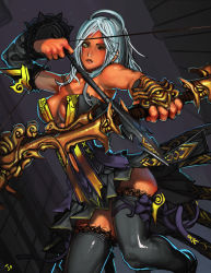 Rule 34 | 1girl, aiming, arrow (projectile), bare shoulders, black thighhighs, bow (weapon), breasts, cleavage, dark-skinned female, dark skin, detached sleeves, drawing bow, from below, holding, holding bow (weapon), holding weapon, ionen, lace, lace-trimmed legwear, lace trim, large breasts, legs, original, solo, thighhighs, thighs, weapon, white hair