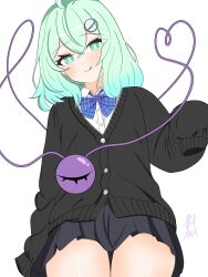Rule 34 | 1girl, :q, ahoge, alternate costume, arm at side, black cardigan, black skirt, blue bow, blue bowtie, blush, bow, bowtie, bright pupils, cardigan, closed mouth, collared shirt, commentary, contemporary, cowboy shot, crossed bangs, double-parted bangs, eyes visible through hair, green eyes, green hair, hair between eyes, hand up, heart, heart of string, highres, komeiji koishi, looking at viewer, medium hair, miniskirt, no headwear, plaid, plaid bow, pleated skirt, school uniform, shirt, signature, simple background, skirt, sleeves past fingers, sleeves past wrists, smile, solo, thigh gap, third eye, tokihakonbu, tongue, tongue out, touhou, tsurime, white background, white pupils, white shirt