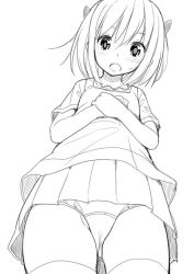 Rule 34 | 1girl, blush, from below, fuyuno mikan, greyscale, looking at viewer, looking down, monochrome, open mouth, panties, pantyshot, short hair, simple background, skirt, solo, underwear, white background
