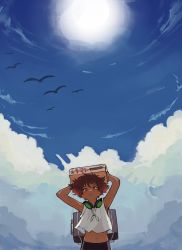 Rule 34 | 1girl, androgynous, armpits, bare arms, bare shoulders, bike shorts, bird, black pants, blue sky, blush, carrying, closed mouth, cloud, cloudy sky, computer, cowboy bebop, dark skin, day, edward wong hau pepelu tivrusky iv, from below, goggles, highres, holding, holding suitcase, looking away, looking up, luggage, outdoors, pants, piggyback, red hair, shirt, short hair, sky, sleeveless, sleeveless shirt, standing, suitcase, sun, tomboy, whalelsland, white shirt, yellow eyes