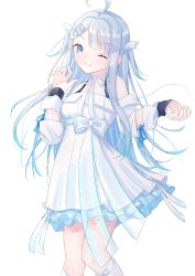 Rule 34 | 1girl, absurdres, ahoge, amatsuka uto, angel, angel wings, blue eyes, blue hair, closed mouth, colored tips, detached sleeves, dress, hair ornament, hairclip, halter dress, halterneck, halterneck, highres, indie virtual youtuber, layered dress, long sleeves, looking at viewer, multicolored hair, off-shoulder dress, off shoulder, one eye closed, ribbon, simple background, smile, solo, twintails, virtual youtuber, white background, white legwear, wings, yuuna (vhux2273)