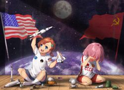 Rule 34 | 2girls, :d, american flag, astronaut, blue eyes, blue shorts, brown hair, child, commentary, crying, earth (planet), english commentary, feet, full moon, hair ornament, highres, lulu-chan92, medium hair, moon, multiple girls, nasa, no shoes, on floor, open mouth, original, personification, pink hair, planet, red shorts, rocket, shirt, short hair, shorts, smile, socks, soviet, soviet flag, space, space shuttle, spacecraft, spacesuit, t-shirt, tears, united states, wooden floor