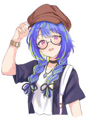 Rule 34 | 1girl, alternate costume, bespectacled, black-framed eyewear, black ribbon, black shirt, blue hair, blush, braid, breasts, brown hat, cabbie hat, commentary request, contemporary, fingernails, glasses, green hair, hair over shoulder, hair ribbon, hat, highres, hiyoku no crosspiece, jewelry, kaito (kaito921125), long hair, looking at viewer, medium bangs, mole, mole under eye, multicolored hair, nanashi inc., necklace, open clothes, open mouth, open shirt, pink eyes, ribbon, round eyewear, semi-rimless eyewear, shirt, simple background, small breasts, smile, solo, suzumi nemo, twin braids, twintails, two-tone hair, under-rim eyewear, undershirt, upper body, virtual youtuber, watch, white background, white shirt, wristwatch