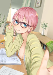 Rule 34 | 1girl, absurdres, blue bra, blue eyes, blurry, blurry foreground, blush, book, bookshelf, bra, breasts, brown-framed eyewear, cardigan, cleavage, closed mouth, collarbone, curtains, desk, drawing (object), eraser, glasses, go-toubun no hanayome, green cardigan, green skirt, hair between eyes, highres, homework, indoors, kongbai, large breasts, lips, long sleeves, looking at viewer, mechanical pencil, nakano ichika, open cardigan, open clothes, pencil, pencil case, pink hair, plant, potted plant, short hair, sitting, skirt, smile, solo, underwear, unworn skirt, upper body, window