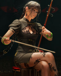 Rule 34 | 1girl, absurdres, black hair, black nails, braid, breasts, brown pantyhose, chinese clothes, cleavage cutout, closed eyes, clothing cutout, concentrating, crossed legs, earrings, erhu, floral print, guweiz, highres, instrument, jewelry, medium breasts, pantyhose, serious, sitting