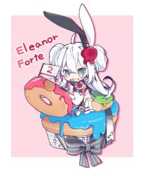 Rule 34 | 1girl, animal ears, anniversary, aqua eyes, bow, bowtie, rabbit ears, character name, chibi, chuuko anpu, double bun, doughnut, dress, eighth note, eleanor forte, flag, food, food on face, forte (symbol), grey bow, icing, looking at viewer, musical note, pink background, sitting, solo, staff (music), striped, striped bow, synthesizer v, treble clef, twintails, wax seal hair ornament, white dress, white hair