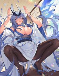 Rule 34 | 1girl, absurdres, alternate costume, animal ears, azur lane, black pantyhose, blue choker, blue eyes, blue footwear, blue hair, blush, breasts, choker, cleavage, cloud, cloudy sky, collarbone, commentary, commission, english commentary, fake animal ears, falling petals, hair between eyes, hands up, highres, indoors, japanese clothes, kimono, large breasts, long hair, looking at viewer, new jersey (azur lane), obi, obijime, orange sekaii, pantyhose, parted lips, petals, rabbit ears, rabbit pose, sash, sky, smile, solo, squatting, thighs, tongue, tongue out, very long hair, white kimono, wide sleeves