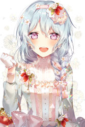 Rule 34 | 1girl, :d, alternate hairstyle, bang dream!, blue dress, blue hair, blush, bow, braid, clenched hand, dress, earrings, floral background, floral print, flower, flower earrings, food, food-themed hair ornament, frills, fruit, gloves, hair flower, hair ornament, hair over shoulder, hair ribbon, hairband, hand up, highres, jewelry, lace trim, long hair, long sleeves, looking at viewer, matsubara kanon, open mouth, pink ribbon, print dress, purple eyes, ribbon, round teeth, single braid, smile, solo, strawberry, strawberry hair ornament, taya oco, teeth, upper body, upper teeth only, white flower, white gloves