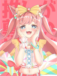 Rule 34 | absurdres, agnes digital (umamusume), animal ears, blue eyes, blush, bow, collarbone, commentary request, hair bow, hands on own face, heart, heart-shaped pupils, highres, horse ears, horse girl, huge filesize, jewelry, midriff, navel, necklace, open mouth, pink background, pink hair, sleeveless, symbol-shaped pupils, tn nt 721, translation request, umamusume