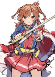 Rule 34 | 1girl, aijou karen, blue jacket, blush, brown eyes, brown hair, cloak, closed mouth, cowboy shot, crown, fur-trimmed cloak, fur trim, holding, holding sword, holding weapon, ikeuchi tanuma, jacket, long hair, long sleeves, mini crown, open clothes, open jacket, outstretched arms, pleated skirt, red cloak, red shirt, red skirt, shirt, shoujo kageki revue starlight, simple background, sketch, skirt, smile, solo, standing, sword, two side up, v-shaped eyebrows, weapon, white background
