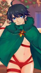 Rule 34 | 1girl, ahoge, alternate costume, bell, black hair, black survival, blue eyes, blurry, blurry background, breasts, buttons, christmas, christmas tree, cloak, commentary, commentary request, cowboy shot, earrings, fur collar, green cloak, hair between eyes, head tilt, highres, jewelry, looking at viewer, medium breasts, naked cloak, naked ribbon, navel, parted lips, red ribbon, ribbon, short hair, silvia piquet, smile, solo, star (symbol), star earrings, teeth, thigh gap, underboob, user jkdf2484
