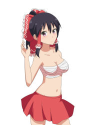 Rule 34 | 1girl, alternate eye color, bandages, bare arms, bare shoulders, black hair, blush, bow, breasts, cato (monocatienus), chest sarashi, cleavage, collarbone, commentary request, cowboy shot, frilled bow, frills, groin, hair between eyes, hair bow, hakurei reimu, hand up, long hair, looking at viewer, medium breasts, midriff, miniskirt, navel, ponytail, purple eyes, red bow, red skirt, sarashi, sidelocks, simple background, skirt, solo, standing, stomach, strapless, touhou, tube top, white background