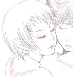 Rule 34 | 1boy, 1girl, cheek-to-cheek, closed eyes, eyelashes, heads together, horns, ico, ico (character), lips, lipstick, makeup, monochrome, multicolored hair, pink theme, portrait, sketch, spot color, streaked hair, yorda