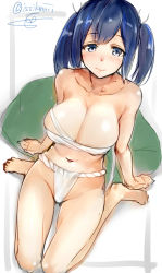 Rule 34 | 10s, 1girl, arm support, arms at sides, bare shoulders, barefoot, blue eyes, blue hair, blush, breasts, cleavage, unworn clothes, collarbone, fundoshi, hair ribbon, isshiki (ffmania7), japanese clothes, kantai collection, kimono, large breasts, looking at viewer, matching hair/eyes, navel, ribbon, sarashi, signature, sitting, solo, souryuu (kancolle), twitter username, two side up, underwear, wariza, wavy mouth, white ribbon