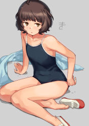Rule 34 | 1girl, ahoge, blue one-piece swimsuit, blush, brown eyes, brown hair, competition school swimsuit, flat chest, grey background, kantai collection, kishinami (kancolle), makio (makiomeigenbot), one-piece swimsuit, open mouth, school swimsuit, shadow, shoes, signature, simple background, sitting, solo, swimsuit, towel, uwabaki, wet