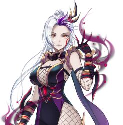 Rule 34 | 1girl, armor, asymmetrical legwear, black gloves, breasts, cleavage, facial mark, fishnets, forehead, game cg, gem, gloves, grey hair, hair ornament, high ponytail, large breasts, lips, long hair, looking at viewer, master of eternity, multicolored hair, ninja, non-web source, official art, purple hair, raiden (master of eternity), red gemstone, sideboob, simple background, solo, spiked armor, streaked hair, transparent background, two-tone hair, uneven legwear, very long hair, yellow eyes