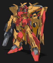 Rule 34 | absurdres, beastkingbarbaros, black background, clenched hands, fusion, gun, gundam, gundam hathaway&#039;s flash, highres, holding, holding gun, holding weapon, mecha, messer (mobile suit), mobile suit, no humans, robot, science fiction, solo, standing, visor, weapon, xi gundam