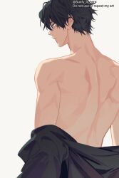 Rule 34 | 1boy, black hair, black shirt, closed mouth, expressionless, from behind, grey eyes, kakuchou, looking ahead, male focus, scar, scar across eye, shadow, shirt, short hair, simple background, solo, tokyo revengers, topless male, undressing, upper body, yoursunfy