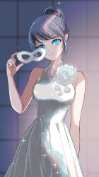 Rule 34 | 1girl, blue background, blue eyes, blue hair, closed mouth, dress, hair bun, highres, holding, holding mask, looking to the side, marinette dupain-cheng, mask, miraculous ladybug, seio (nao miragggcc45), simple background, smile, solo, white dress, white mask