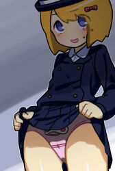 Rule 34 | 1girl, alice margatroid, black headwear, black jacket, black skirt, blue eyes, blush, bow, buttons, cameltoe, clothes lift, collared shirt, commentary request, cookie (touhou), cowboy shot, double-breasted, grey background, hair bow, highres, jacket, kakusou, lifting own clothes, long sleeves, looking afar, medium bangs, open mouth, panties, pink bow, pink panties, pleated skirt, shade, shiny skin, shirt, short hair, skirt, skirt lift, skirt set, smile, solo, taisa (cookie), touhou, underwear, white shirt