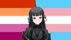 Rule 34 | 1girl, artemis of the blue, black hair, blue eyes, clothes, indie virtual youtuber, jacket, jacket partially removed, lgbt pride, mole, mole under eye, pride flag, pride month, shark girl, solo, transgender flag, uniform, virtual youtuber