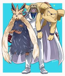Rule 34 | 1boy, 2others, alternate color, animal ears, artist request, beard, border, carrying, claws, creatures (company), crossover, dog, dog ears, facial hair, full body, game freak, gen 2 pokemon, gen 5 pokemon, granbull, highres, looking at viewer, military, military uniform, monkey d. garp, multiple others, mustache, nintendo, one piece, pokemon, pokemon (creature), shaded face, shiny pokemon, signature, smile, stoutland, tail, uniform, white border