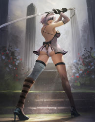 Rule 34 | 1girl, armpits, arms up, ass, bare back, bare shoulders, blindfold, breasts, cosplay, full body, hairband, highres, kaine (nier), kaine (nier) (cosplay), katana, large breasts, lips, looking at viewer, looking back, nier, nier (series), nier:automata, short hair, sideboob, silver hair, solo, standing, sword, thighhighs, thighs, turewindwalker, weapon, 2b (nier:automata)