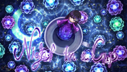 Rule 34 | 1girl, artist name, crescent moon, cup, dress, english text, floral print, flower, from above, hair flower, hair ornament, in container, in cup, long hair, looking up, moon, nene nene, purple dress, purple eyes, purple hair, ray-k, signature, solo, utau, wide sleeves