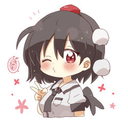 Rule 34 | 1girl, black hair, black necktie, black wings, blush, breasts, chibi, collared shirt, commentary request, cropped torso, dress shirt, floral background, hair between eyes, hand up, hat, highres, looking at viewer, medium breasts, mini hat, necktie, o3o, one eye closed, puffy short sleeves, puffy sleeves, red eyes, red hat, shameimaru aya, shirt, short sleeves, simple background, solo, star (symbol), star in eye, symbol in eye, tokin hat, totoharu (kujirai minato), touhou, translation request, upper body, v, white background, white shirt, wings