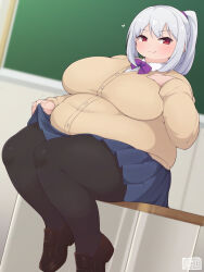 Rule 34 | 1girl, asian, black pantyhose, blue skirt, blurry, blurry background, blush, bow, breasts, brown footwear, buttons, chalkboard, closed mouth, commentary request, commission, fat, feet out of frame, grey hair, hair between eyes, heart, heo (tkgm), highres, large breasts, lifting own clothes, long hair, long sleeves, looking at viewer, original, pantyhose, pleated skirt, ponytail, purple bow, red eyes, shoes, sitting, skeb commission, skirt, smile, solo, split mouth, thick thighs, thighs, wing collar