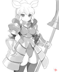 Rule 34 | 10s, 1girl, animal ears, armor, blush stickers, boobplate, breastplate, closed mouth, cowboy shot, faulds, gauntlets, greyscale, highres, kemono friends, leotard, looking at viewer, monochrome, pauldrons, polearm, rhinoceros ears, shoulder armor, signature, simple background, smile, solo, standing, thighhighs, weapon, white background, white rhinoceros (kemono friends), yd (orange maru)