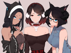 Rule 34 | 3girls, :o, absurdres, animal ears, au ra, bindi, blue dress, blue eyes, body markings, breasts, brown hair, brown shirt, cat-shaped pupils, cat ears, china dress, chinese clothes, cleavage, commission, dragon horns, dress, earrings, facial mark, final fantasy, final fantasy xiv, forehead mark, frilled dress, frilled neckwear, frills, gingham skirt, glasses, green eyes, grey background, half-closed eyes, hands over breasts, headgear, heterochromia, highres, horns, jewelry, lipstick, long hair, looking at viewer, makeup, medium breasts, medium hair, multiple girls, original, red eyes, sakotach, shirt, short hair, smile, symbol-shaped pupils, upper body, warrior of light (ff14)
