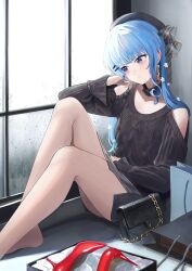Rule 34 | 1girl, absurdres, bag, barefoot, beret, blue eyes, blue hair, blush, crying, crying with eyes open, grey beret, hat, high heels, highres, hololive, hololive english, hoshimachi suisei, jewelry, long hair, manjirou (manji illust), rain, ribbon, side ponytail, solo, star (symbol), star in eye, symbol in eye, tears, virtual youtuber, window