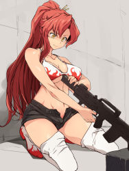 Rule 34 | 1girl, bare arms, bare shoulders, bikini, bikini top only, black shorts, boots, breasts, cleavage, collarbone, commission, gun, kneeling, large breasts, long hair, navel, open fly, ponytail, red hair, rifle, shaded face, short shorts, shorts, single sidelock, solo, stomach, suicide, swimsuit, tengen toppa gurren lagann, thigh boots, thighhighs, uchiko onigiri, underboob, very long hair, weapon, white bikini, white footwear, yellow eyes, yoko littner