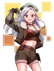Rule 34 | 1girl, asymmetrical hair, belt, beret, black belt, black gloves, black tank top, breasts, choker, cleavage, commentary request, cowboy shot, cross, cross choker, gloves, green hat, grey hair, grey jacket, grey shorts, hat, highres, hohohoi, jacket, long hair, looking at viewer, medium breasts, open mouth, pouch, ragnarok online, ragnarok origin, red eyes, shorts, smile, solo, tank top, white background