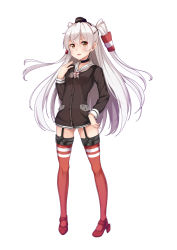 Rule 34 | 10s, 1girl, amatsukaze (kancolle), brown eyes, choker, dress, full body, garter straps, gloves, gluteal fold, hair tubes, hand on own hip, huan (hao7551789), kantai collection, long hair, looking at viewer, red thighhighs, sailor collar, sailor dress, short dress, silver hair, single glove, smile, solo, standing, striped clothes, striped thighhighs, thighhighs, two side up, white gloves