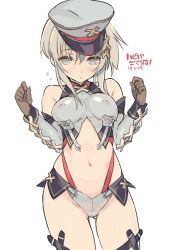 Rule 34 | 1girl, bare shoulders, blade (galaxist), blush, borrowed character, breasts, character request, cosplay, elbow gloves, covered erect nipples, gloves, grey eyes, grey hair, hat, looking at viewer, midriff, navel, original, parted lips, peaked cap, ring dream, schwarz nebel, schwarz nebel (cosplay), solo, suspenders