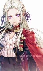 1girl ascot cape closed_mouth commentary_request edelgard_von_hresvelg fire_emblem fire_emblem:_three_houses garreg_mach_monastery_uniform highres long_hair looking_at_viewer nintendo purple_eyes purple_ribbon red_cape ribbon senano-yu silver_hair smile