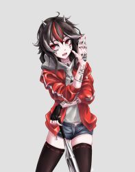 Rule 34 | 1girl, alternate costume, bad id, bad pixiv id, baseball bat, black gloves, black hair, black thighhighs, cone horns, contrapposto, cowboy shot, drawstring, facing viewer, fingerless gloves, gloves, grey background, grey horns, hand up, hood, hoodie, horns, illuminati, jacket, jewelry, kijin seija, looking up, max-k, multicolored hair, nail polish, name tag, open clothes, open jacket, open mouth, pendant, red eyes, red hair, red jacket, red nails, ribbon-trimmed legwear, ribbon trim, short shorts, shorts, simple background, solo, standing, streaked hair, striped horns, tattoo, teeth, thighhighs, touhou, white hair