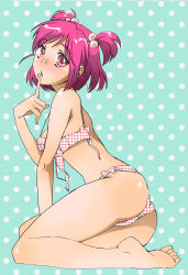 Rule 34 | 00s, 1girl, ass, back, bad id, bad pixiv id, barefoot, bra, checkered bra, checkered clothes, checkered panties, feet, finger to mouth, hair bobbles, hair ornament, highres, lingerie, looking back, pama, panties, pink eyes, pink hair, plaid, plaid bra, plaid panties, polka dot, polka dot background, precure, sitting, soles, solo, twintails, two side up, underwear, underwear only, wardrobe malfunction, yes! precure 5, yumehara nozomi