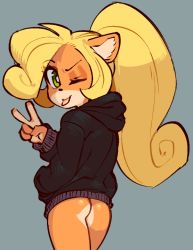 Rule 34 | 1girl, ahoge, alternate costume, animal ears, ass, black sweater, blonde hair, body fur, bottomless, closed mouth, coco bandicoot, cowboy shot, crash bandicoot (series), female focus, from behind, furry, furry female, green eyes, grey background, hand in pocket, hand up, happy, hood, hoodie, huge ahoge, long hair, long sleeves, looking at viewer, looking back, one eye closed, ponytail, raised eyebrow, shiny skin, sidelocks, simple background, smile, solo, standing, sweater, tongue, tongue out, v, wamudraws, wink