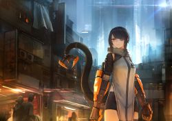 Rule 34 | bike shorts, black hair, city, commentary request, cyberpunk, cyborg, eyepatch, highres, looking at viewer, mechanical arms, mechanical tail, mihato senba, orange eyes, original, outdoors, prosthesis, revision, science fiction, short hair, single mechanical arm, solo focus, standing, sumi elias, swept bangs, tail