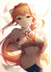 Rule 34 | 1girl, absurdres, artist name, blue sky, brown hair, commentary, doki doki literature club, english commentary, english text, green eyes, grey jacket, hair ribbon, highres, holding, holding pen, jacket, long hair, long sleeves, looking at viewer, monika (doki doki literature club), neck ribbon, paper, parted lips, pen, ponytail, red ribbon, ribbon, sasoura, school uniform, sidelocks, sky, smile, solo, source quote, very long hair, white ribbon, wing collar