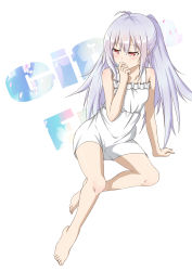 Rule 34 | 10s, 1girl, absurdres, ahoge, arm support, barefoot, c.y, collarbone, dress, artistic error, finger to mouth, highres, isla (plastic memories), light purple hair, long hair, plastic memories, red eyes, silver hair, sitting, solo, twintails, white dress