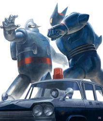 Rule 34 | black ox, car, clenched hand, fighting, fmu, jetpack, looking at another, mecha, motor vehicle, no humans, open hands, police car, robot, tetsujin 28, tetsujin 28-gou, tetsujin 28-gou (2004), white background, yellow eyes