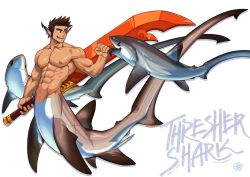 Rule 34 | 1boy, animal, artist name, brown hair, colored skin, commentary, completely nude, cross scar, dorsal fin, english commentary, english text, facial scar, fins, fist bump, full body, gills, greatsword, hand up, head fins, highres, holding, holding sword, holding weapon, huge weapon, large pectorals, looking at animal, male focus, merman, mondoart, monster boy, multicolored skin, muscular, muscular male, nude, open mouth, original, pectorals, pointy ears, red eyes, scar, scar on cheek, scar on face, shark, shark boy, short hair, sideburns, simple background, solo, sword, thresher shark, very short hair, watermark, weapon, white background, white skin