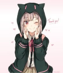 Rule 34 | 1girl, blush, brown skirt, collared shirt, commentary, danganronpa (series), danganronpa 2: goodbye despair, english text, gradient background, green hoodie, grey hair, hands up, happy, heart, hood, hood up, hoodie, long sleeves, mochii, nanami chiaki, neck ribbon, one eye closed, open clothes, open hoodie, pink background, pleated skirt, red eyes, red ribbon, ribbon, shirt, signature, skirt, smile, solo, thank you, upper body, wing collar