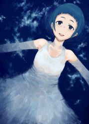 Rule 34 | 10s, 1girl, bad id, bad pixiv id, blue hair, brown eyes, cloud, dress, gomu (chewinggom), highres, idolmaster, idolmaster cinderella girls, looking up, lying, okazaki yasuha, on back, open mouth, outstretched arms, partially submerged, reflection, short hair, smile, solo, spread arms, wading, water