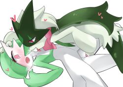 Rule 34 | 2girls, absurdres, animal hands, animal nose, arm up, between legs, blush, bob cut, body fur, breath, cat girl, colored skin, constricted pupils, creatures (company), female focus, fingering, flat chest, furry, furry female, furry with non-furry, game freak, gardevoir, gen 3 pokemon, green fur, green hair, green skin, hair over one eye, half-closed eyes, hand between legs, hand on another&#039;s head, heart, highres, interspecies, licking, looking at another, lying, m3 (gardevoir m3), meowscarada, multicolored skin, multiple girls, nintendo, nose blush, on back, one eye covered, open mouth, pawpads, pokemon, pokemon (creature), raised eyebrows, red eyes, short hair, simple background, tongue, tongue out, two-tone fur, two-tone skin, vaginal, white background, white skin, wide-eyed, yuri
